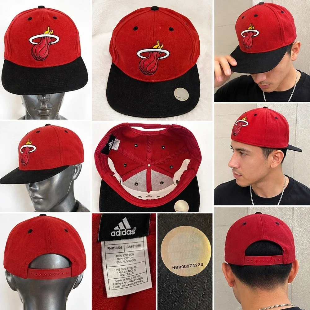Vintage NBA Miami Heat LOGO Snapback Hat 90s Adidas NEW Red / Black